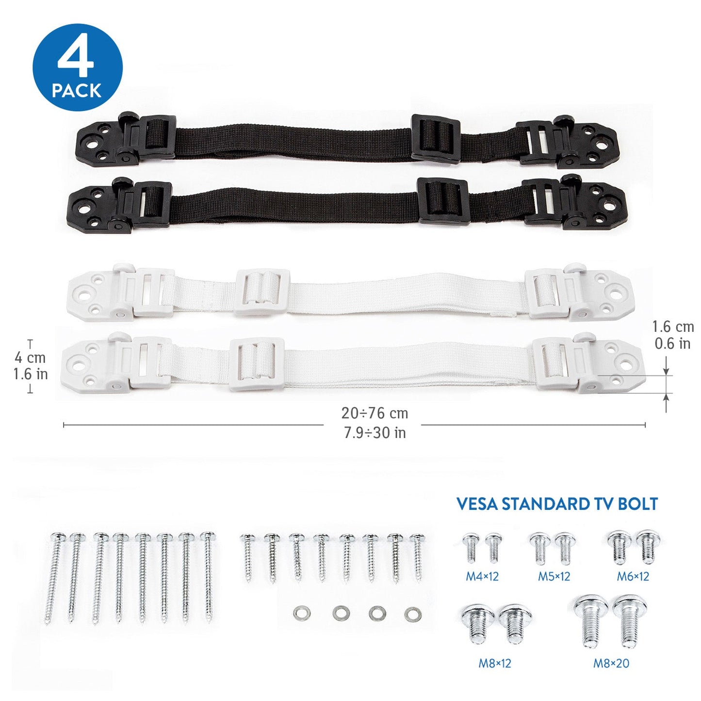 TV and Furniture Safety Straps 4 Pack, 2 Whites & 2 Blacks, Tatkraft Protect, 4