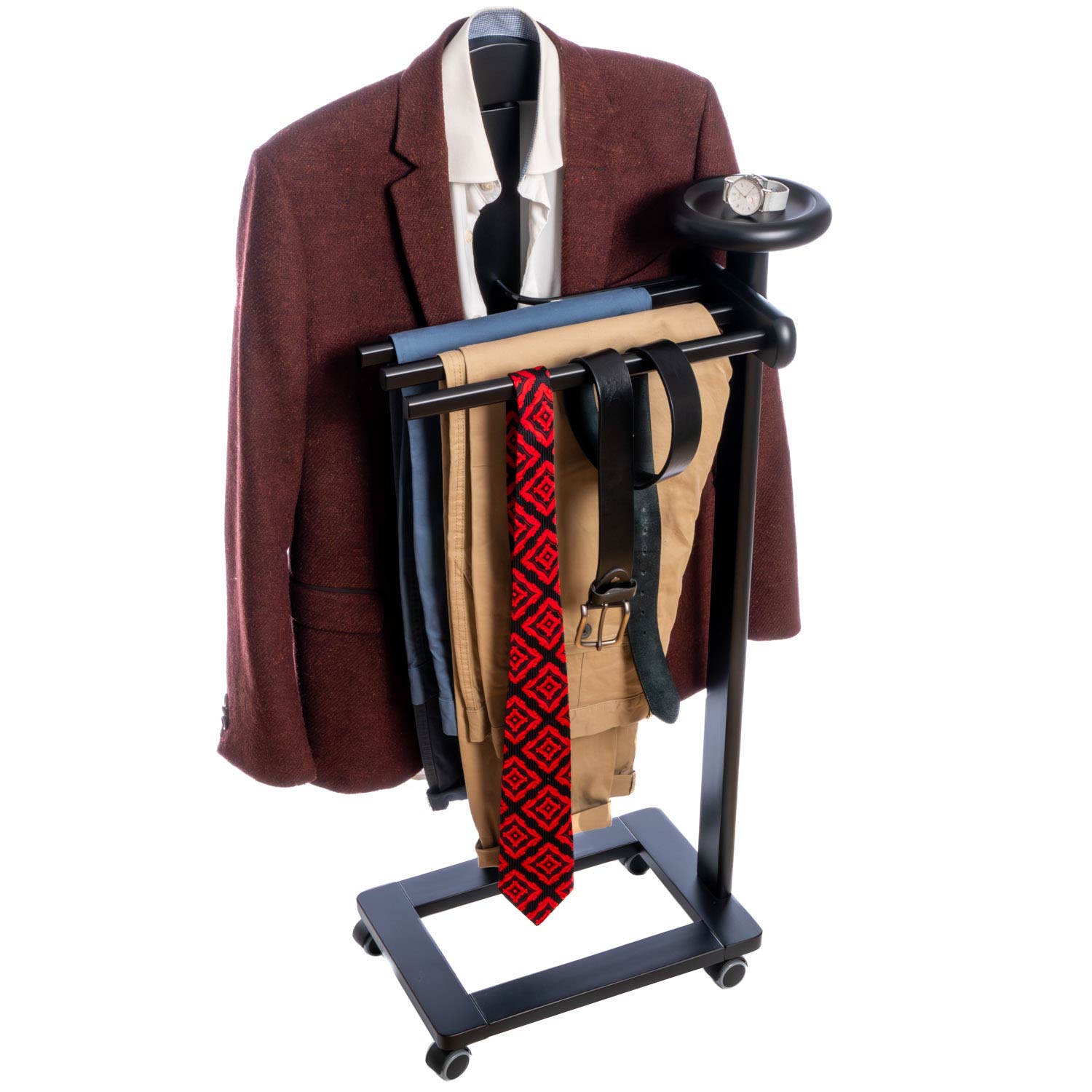 Valet de Nuit, Valet de Chambre Bois, Composé d'un cintre, 3 porte-pantalons et d'une tablette de rangement, Noir, Tatkraft Baron, 24
