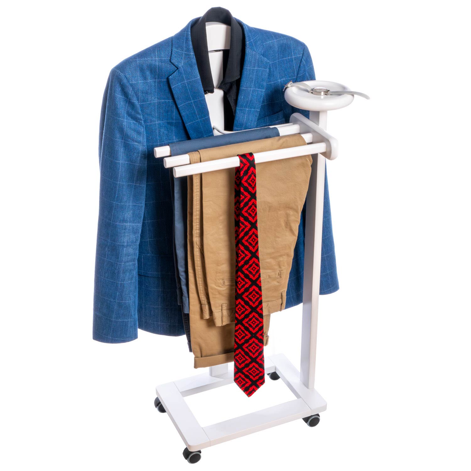 Valet de Chambre Bois, Composé d'un cintre, 3 porte-pantalons et d'une tablette de rangement, blanc, Tatkraft Graf, 1