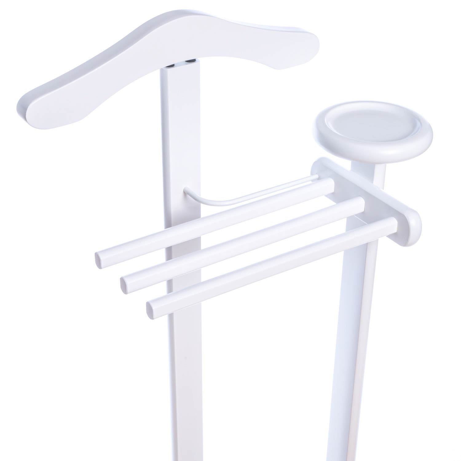 Valet de Chambre Bois, Composé d'un cintre, 3 porte-pantalons et d'une tablette de rangement, blanc, Tatkraft Graf, 10