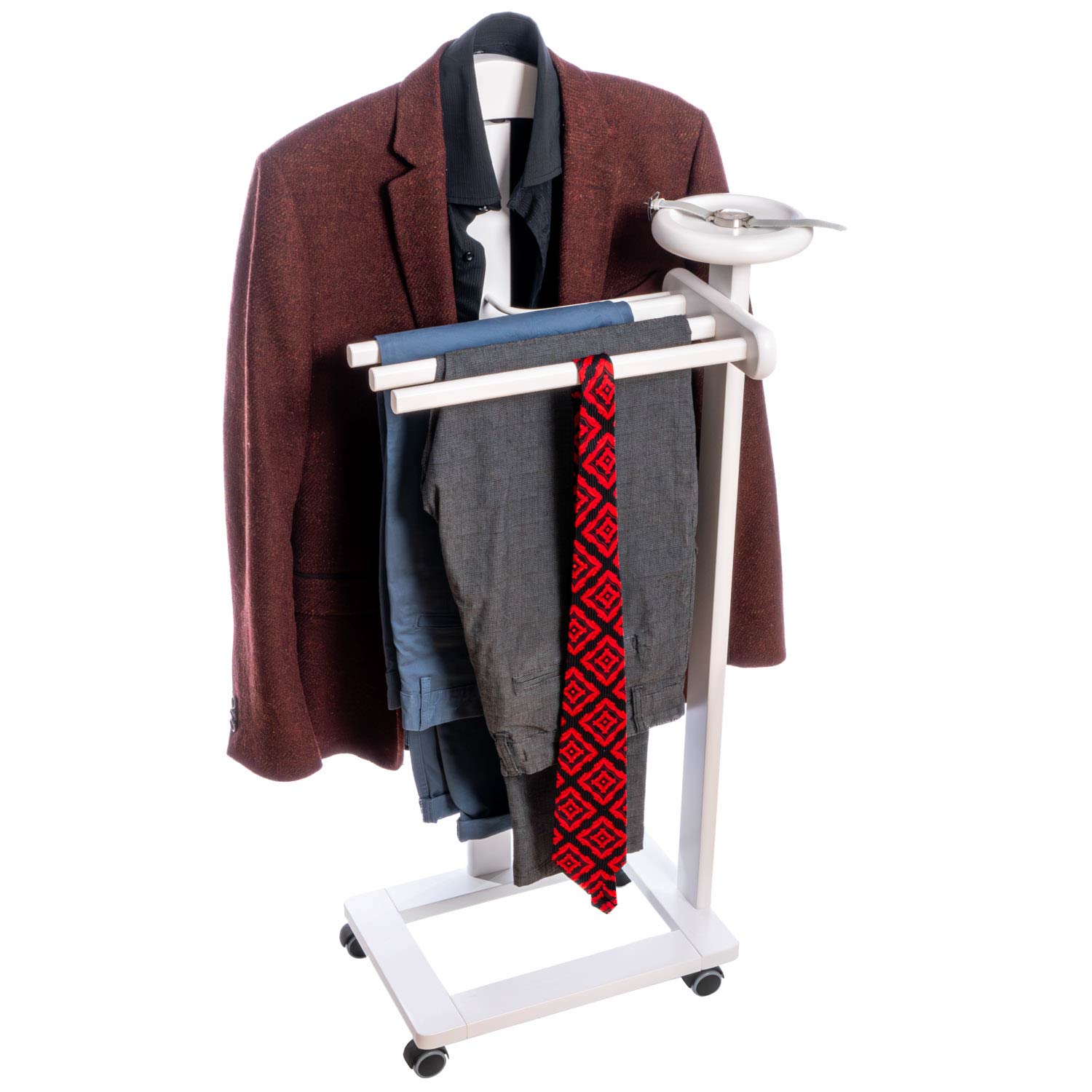 Valet de Chambre Bois, Composé d'un cintre, 3 porte-pantalons et d'une tablette de rangement, blanc, Tatkraft Graf, 11