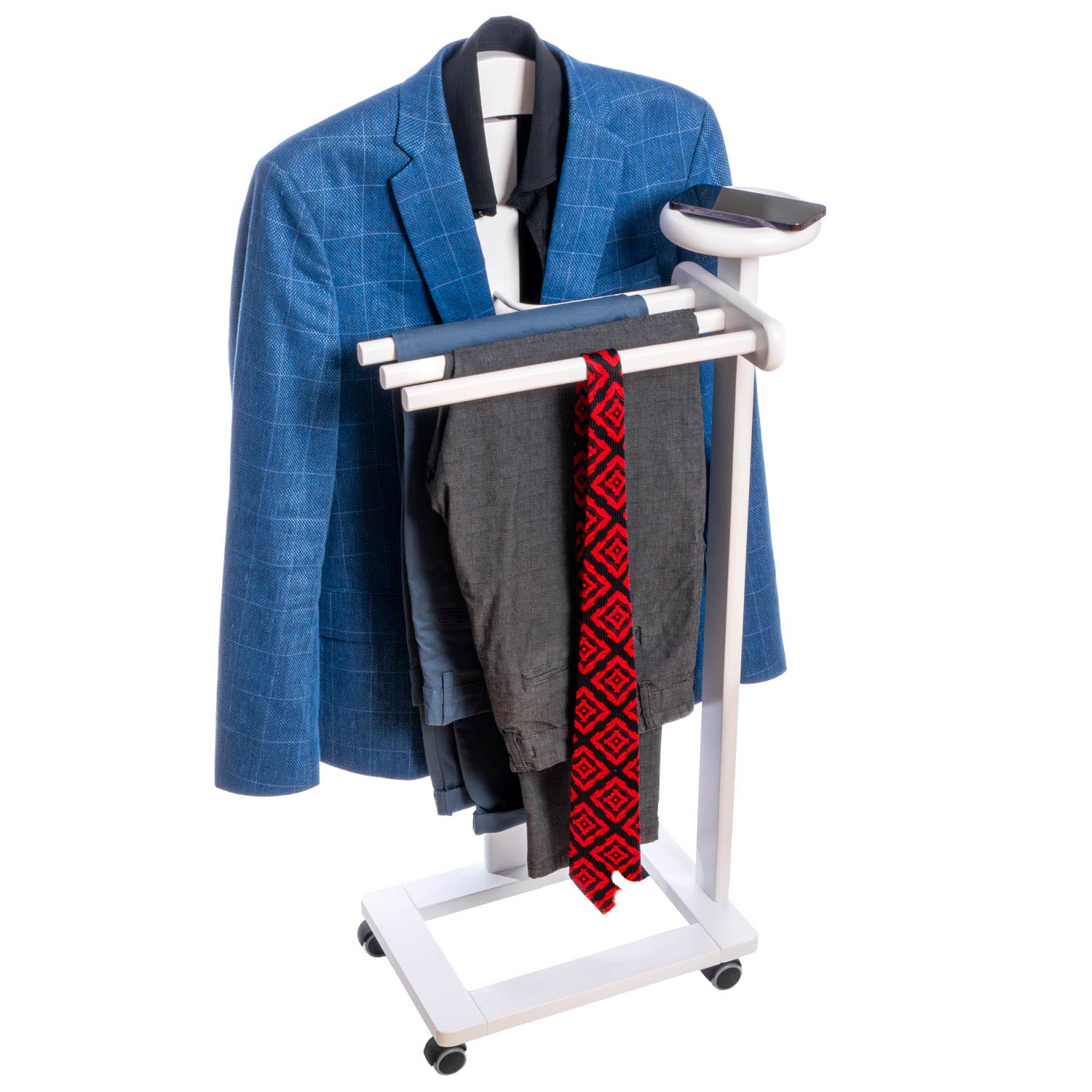 Valet de Chambre Bois, Composé d'un cintre, 3 porte-pantalons et d'une tablette de rangement, blanc, Tatkraft Graf, 14