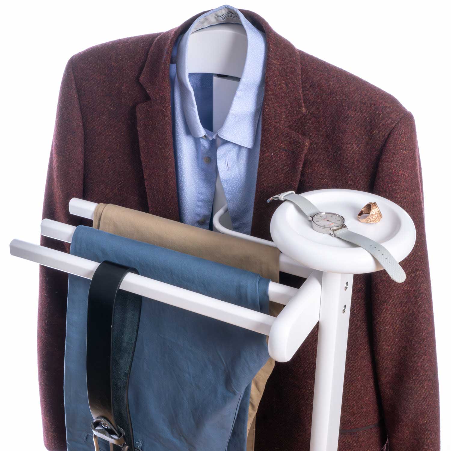 Valet de Chambre Bois, Composé d'un cintre, 3 porte-pantalons et d'une tablette de rangement, blanc, Tatkraft Graf, 15
