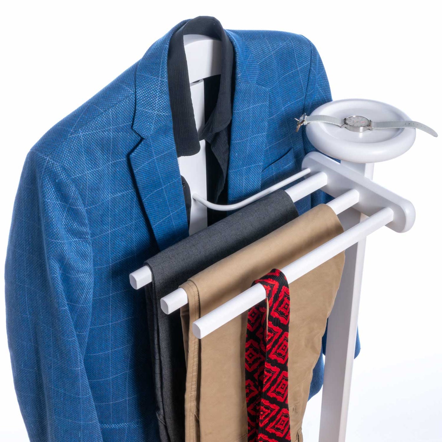 Valet de Chambre Bois, Composé d'un cintre, 3 porte-pantalons et d'une tablette de rangement, blanc, Tatkraft Graf, 4
