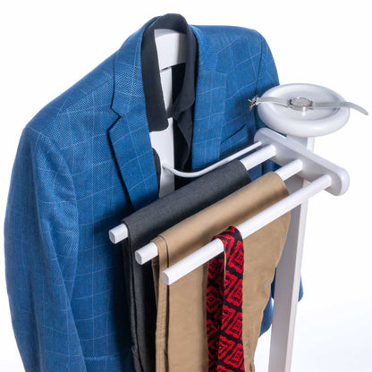 Valet de Chambre Bois, Composé d'un cintre, 3 porte-pantalons et d'une tablette de rangement, blanc, Tatkraft Graf, 4