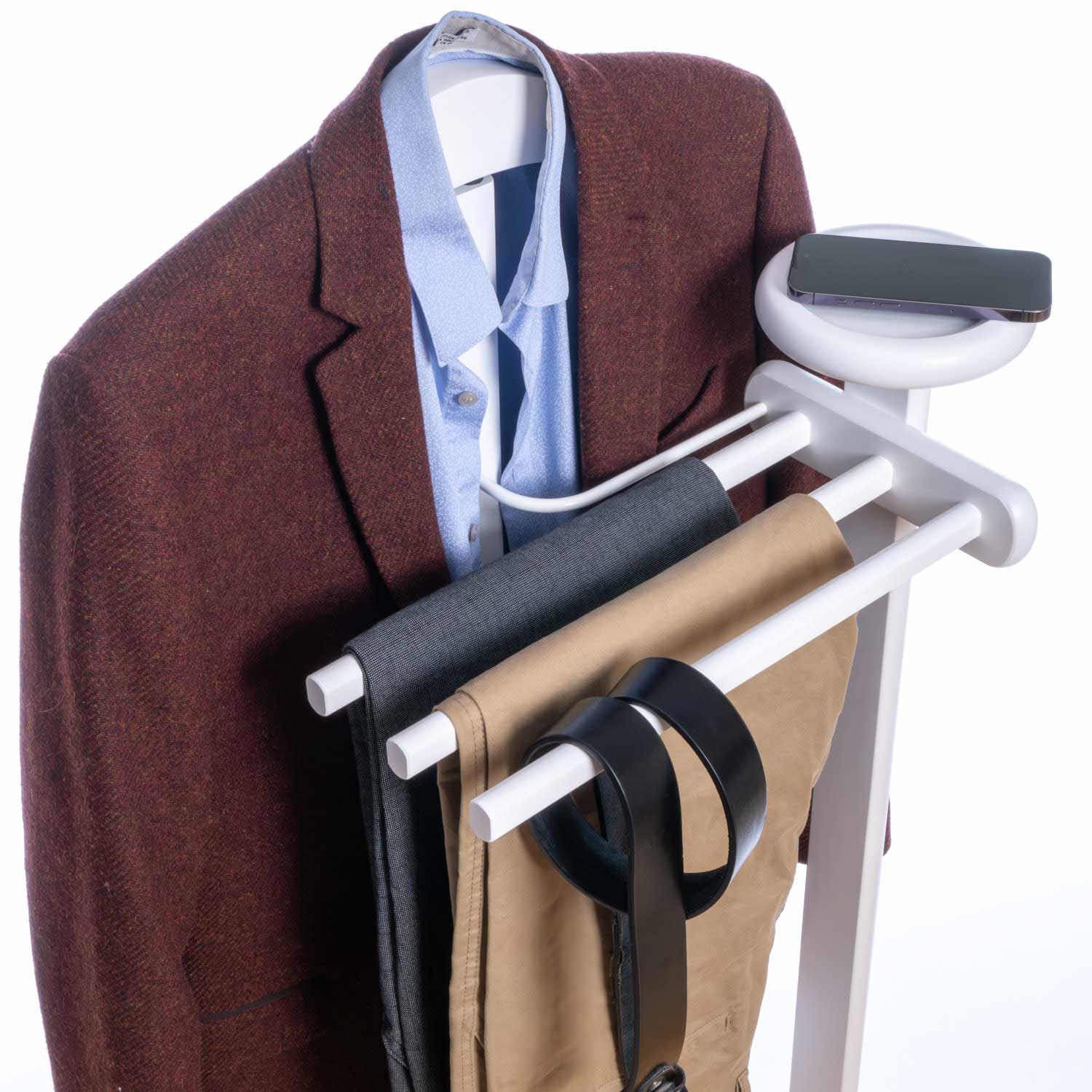 Valet de Chambre Bois, Composé d'un cintre, 3 porte-pantalons et d'une tablette de rangement, blanc, Tatkraft Graf, 5