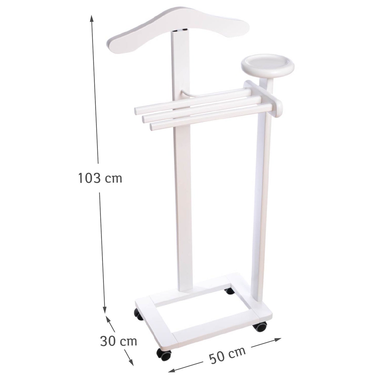 Valet de Chambre Bois, Composé d'un cintre, 3 porte-pantalons et d'une tablette de rangement, blanc, Tatkraft Graf, 9