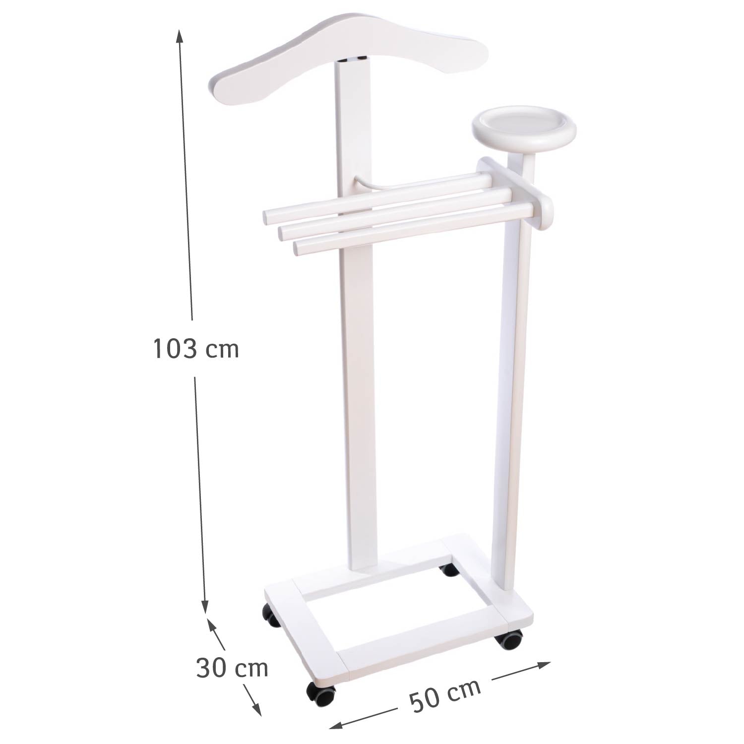 Valet de Chambre Bois, Composé d'un cintre, 3 porte-pantalons et d'une tablette de rangement, blanc, Tatkraft Graf, 9