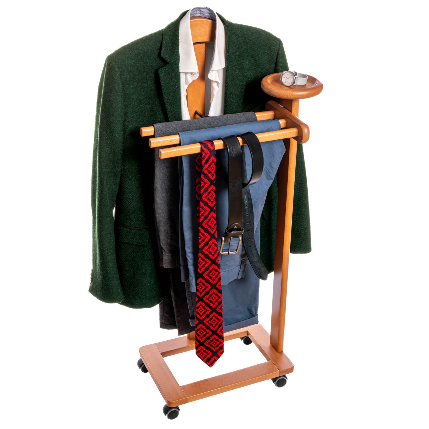 Valet de Chambre Bois, Composé d'un cintre, de 3 porte-pantalons et d'une tablette de rangement, cerise, Tatkraft Lord, 1