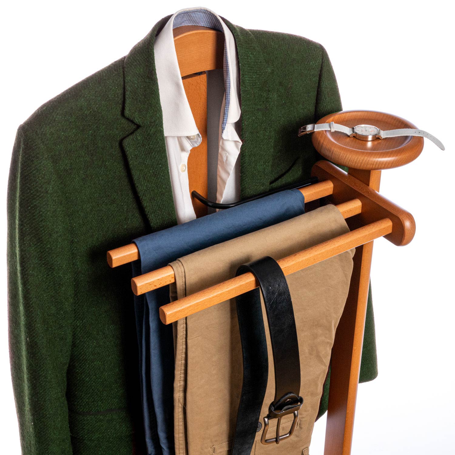 Valet de Chambre Bois, Composé d'un cintre, de 3 porte-pantalons et d'une tablette de rangement, cerise, Tatkraft Lord, 14