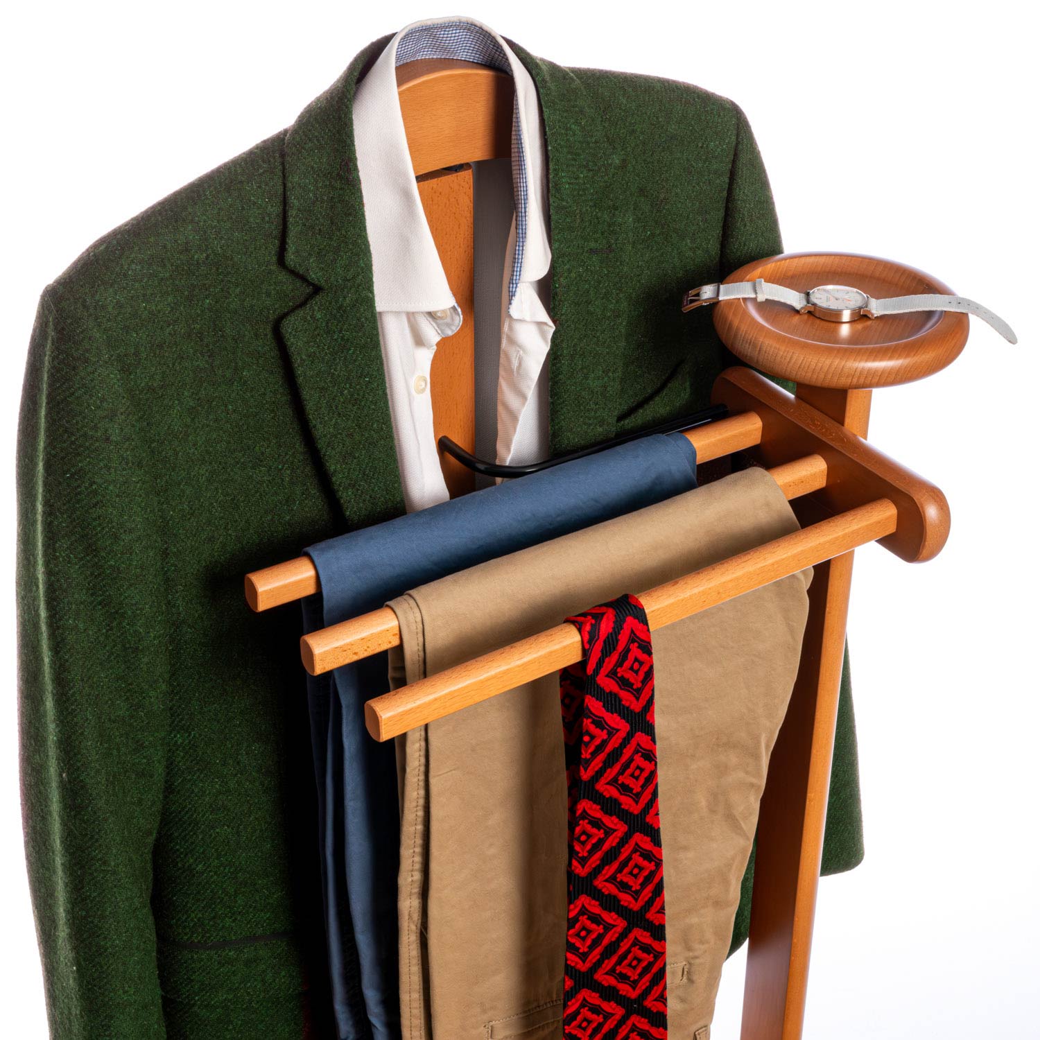 Valet de Chambre Bois, Composé d'un cintre, de 3 porte-pantalons et d'une tablette de rangement, cerise, Tatkraft Lord, 16