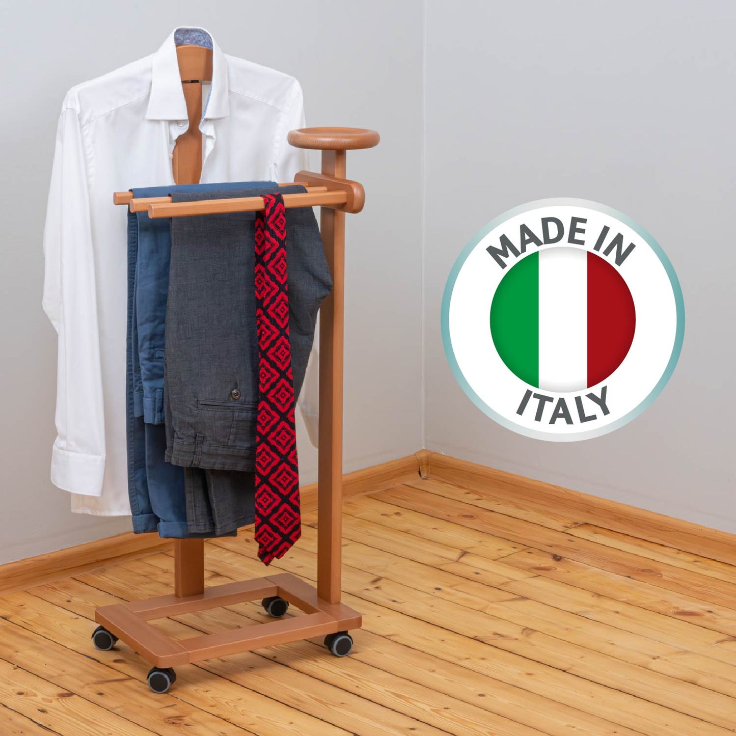Valet de Chambre Bois, Composé d'un cintre, de 3 porte-pantalons et d'une tablette de rangement, cerise, Tatkraft Lord, 3