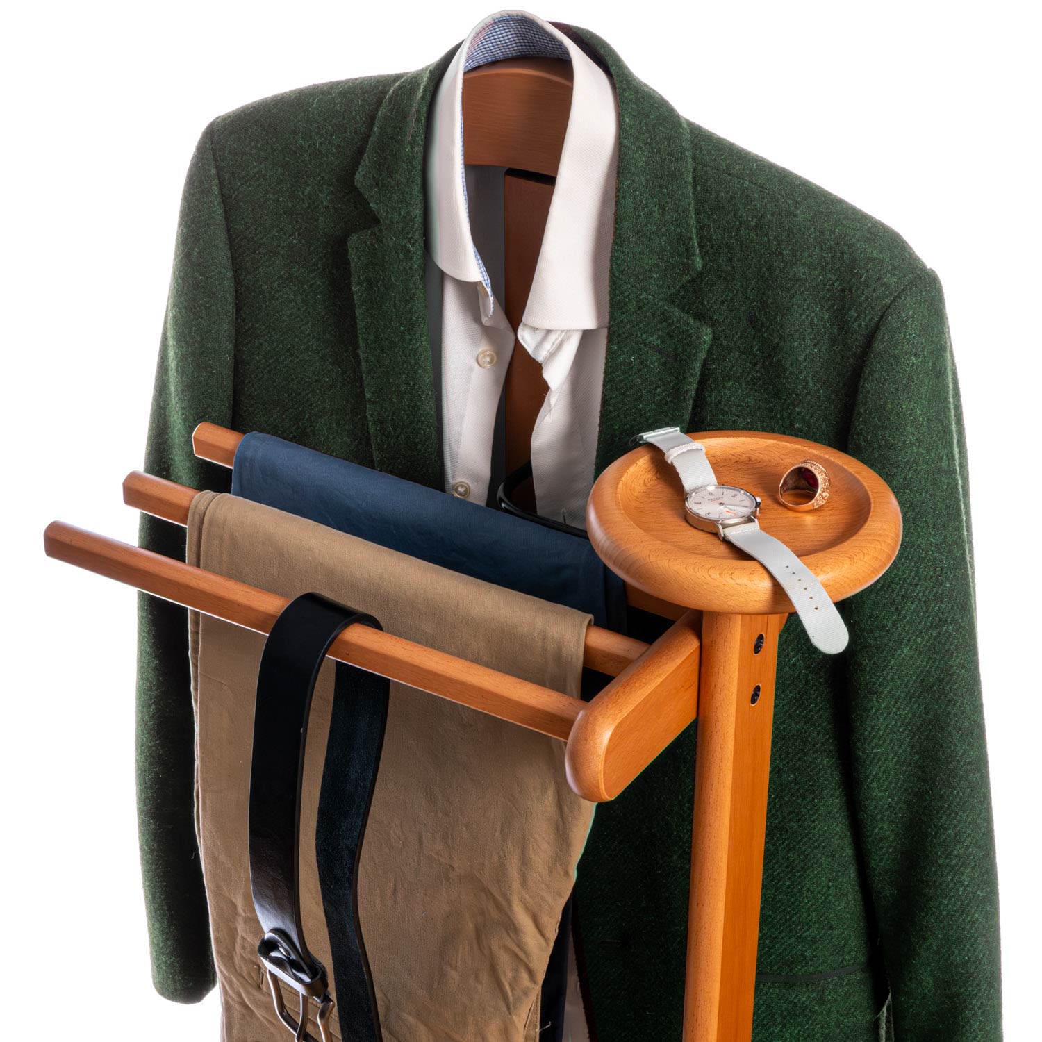 Valet de Chambre Bois, Composé d'un cintre, de 3 porte-pantalons et d'une tablette de rangement, cerise, Tatkraft Lord, 7