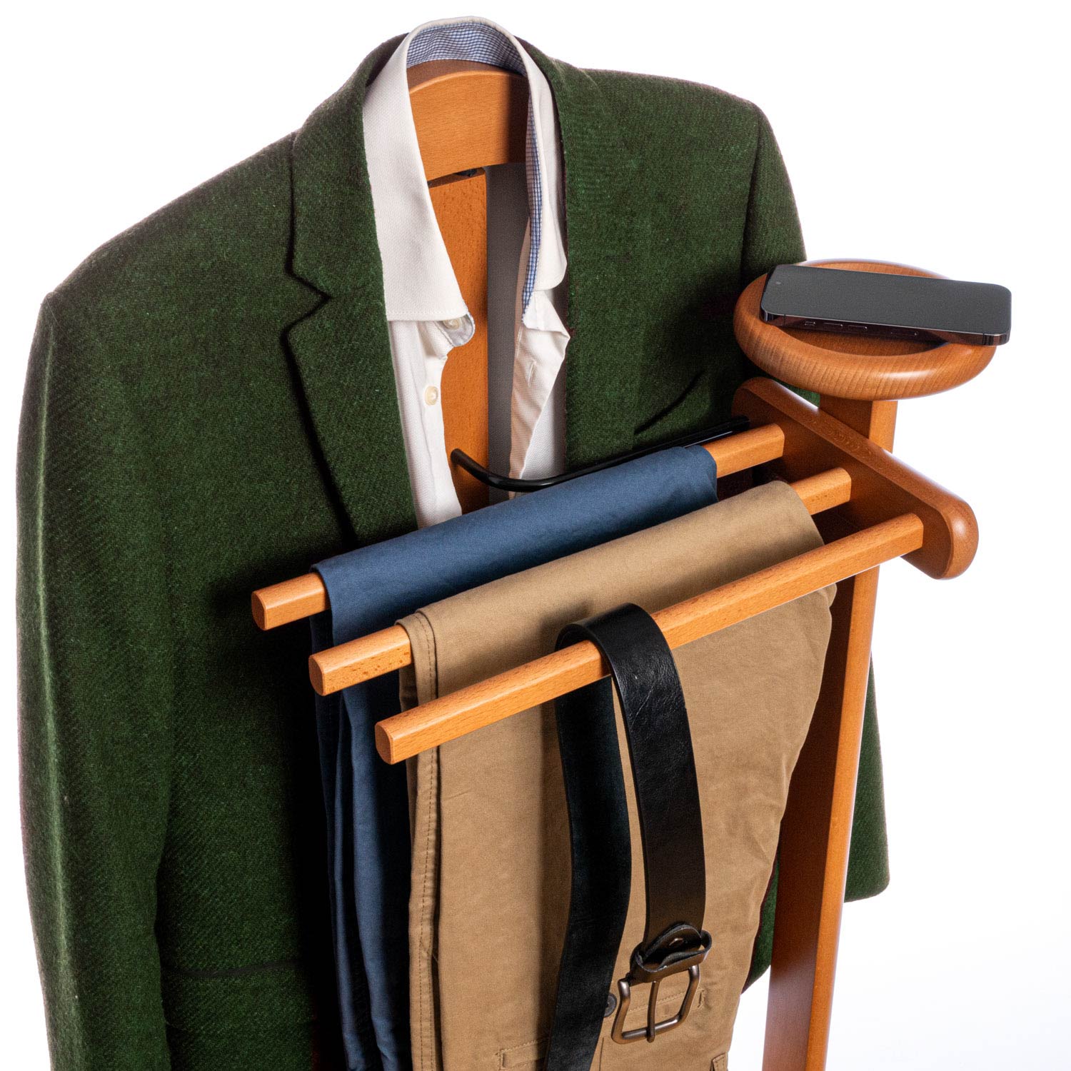 Valet de Chambre Bois, Composé d'un cintre, de 3 porte-pantalons et d'une tablette de rangement, cerise, Tatkraft Lord, 8