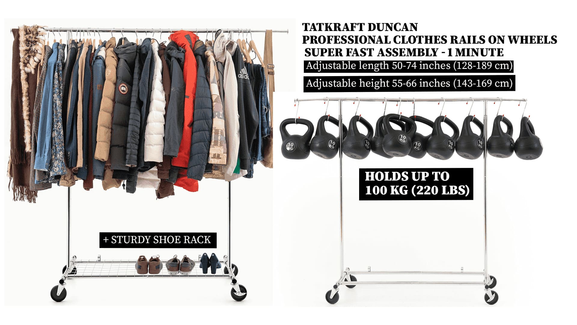 Collapsible Heavy-Duty Clothes Rail With Shelf, Adjustable Height, Holds Up to 100kg, Tatkraft Duncan, 3