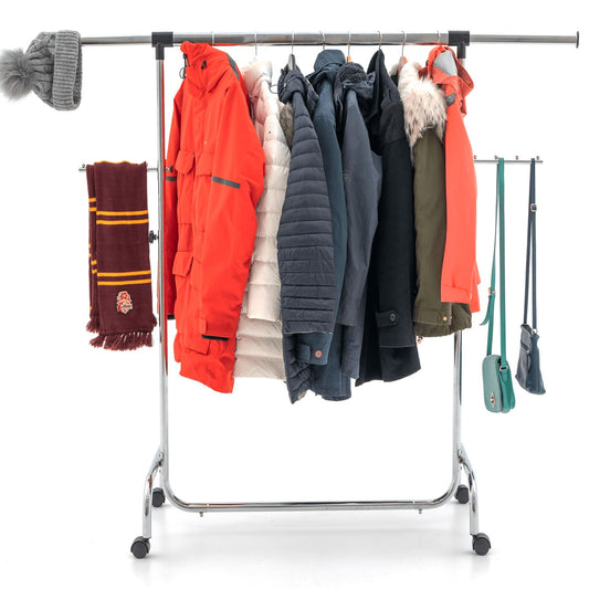 Heavy Duty Adjustable Clothes Rail, Rolling Garment, Extendable Length and Height, Chromed Steel, Tatkraft Falcon