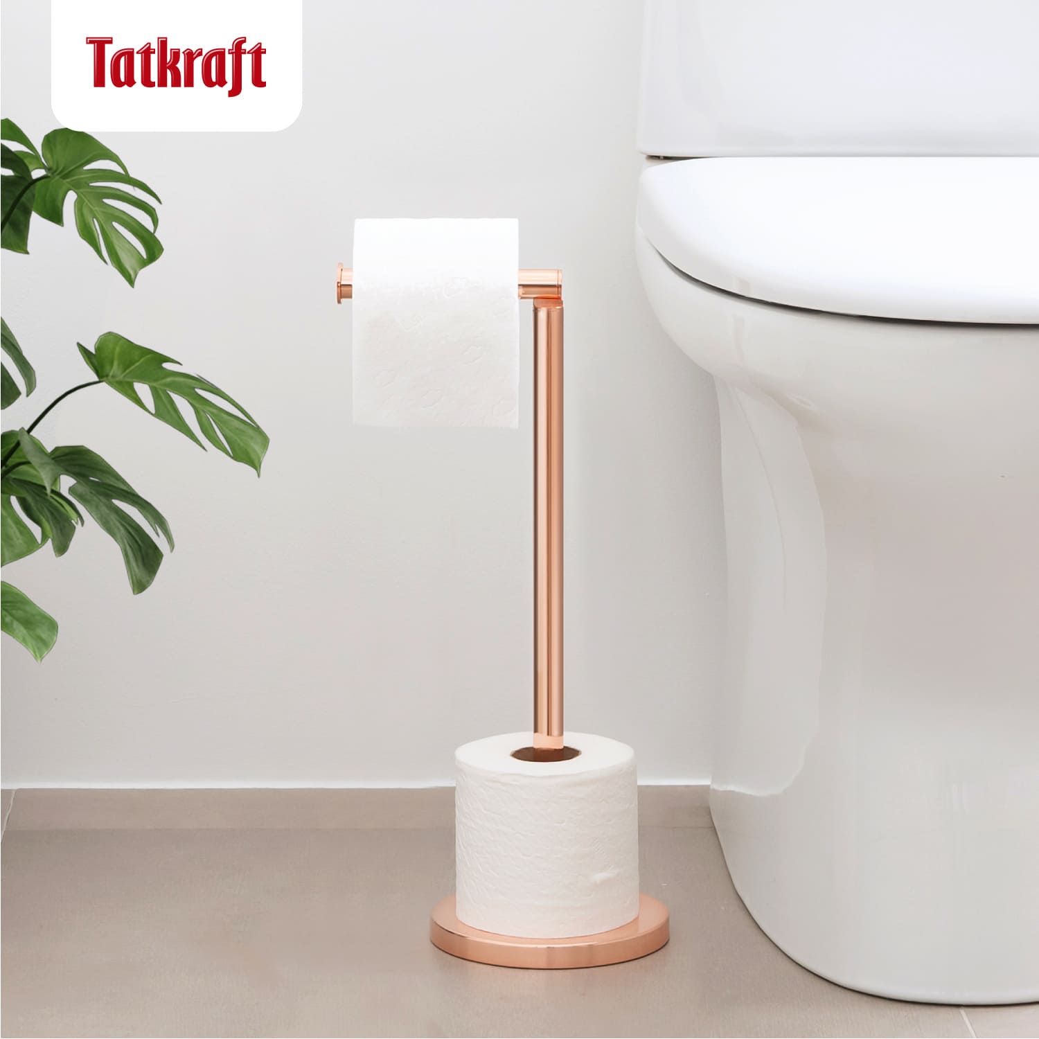 Free Standing Toilet Roll Holder, Rose-Gold, Tatkraft Tess, 1