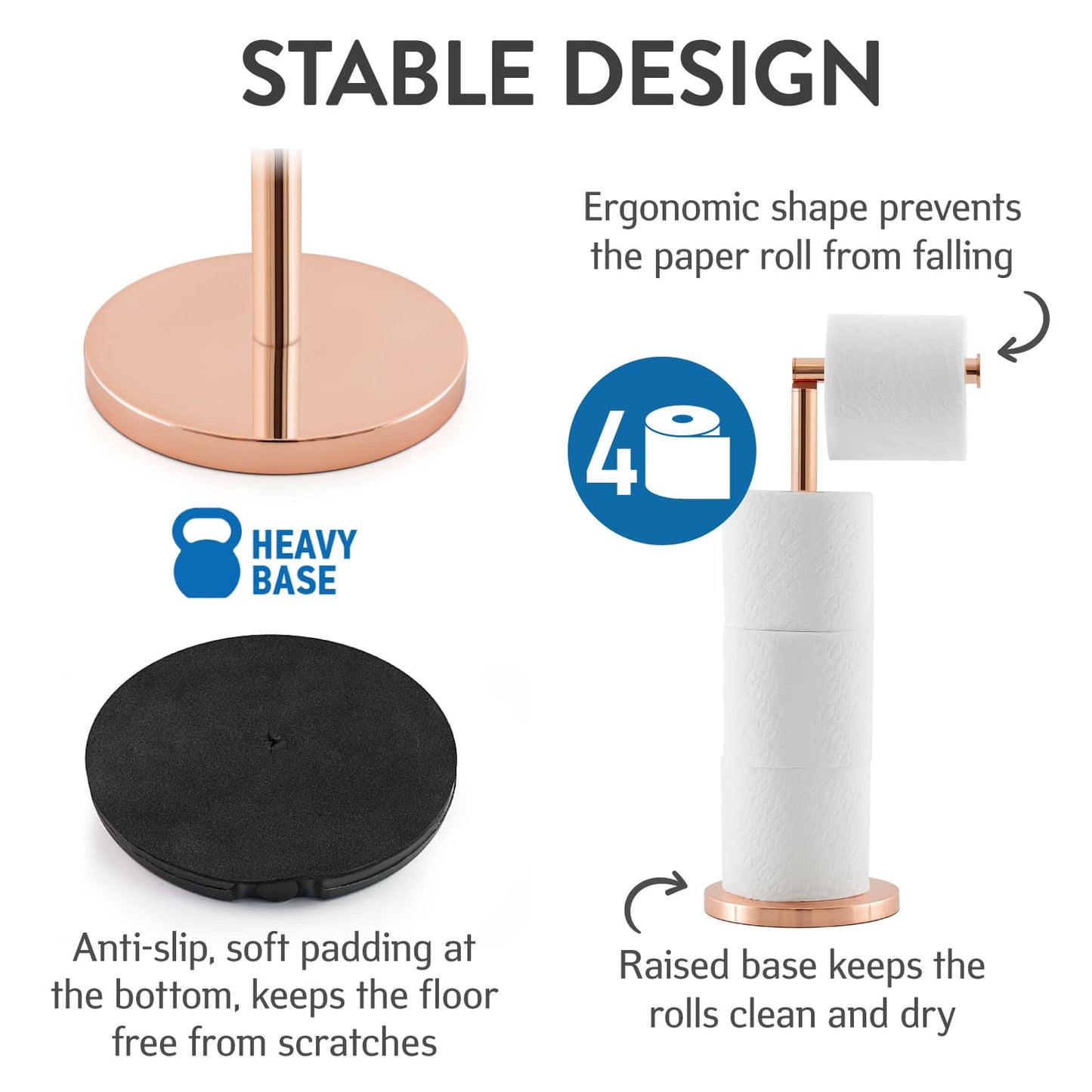 Free Standing Toilet Roll Holder, Rose-Gold, Tatkraft Tess, 3