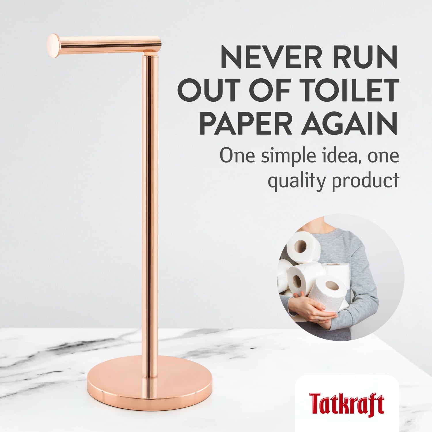 Free Standing Toilet Roll Holder, Rose-Gold, Tatkraft Tess, 5