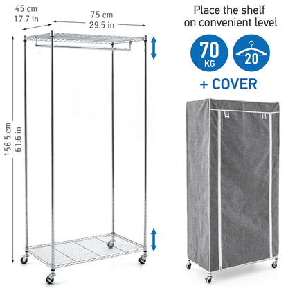 Wardrobe on Wheels, Heavy Duty Clothes Rail with 2 Shelves and Fabric Cover, art moon Buffalo Grey, 2