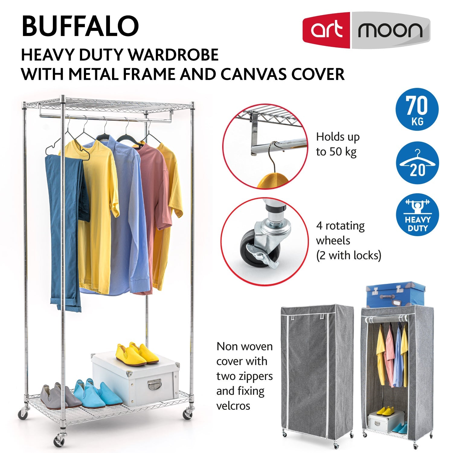 Wardrobe on Wheels, Heavy Duty Clothes Rail with 2 Shelves and Fabric Cover, art moon Buffalo Grey, 8