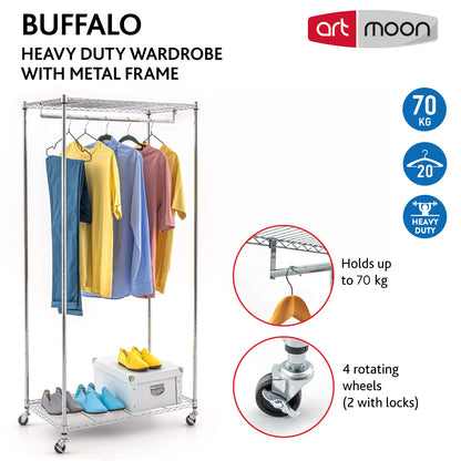 Wardrobe on Wheels, Heavy Duty Clothes Rail with 2 Shelves, art moon Buffalo, 2