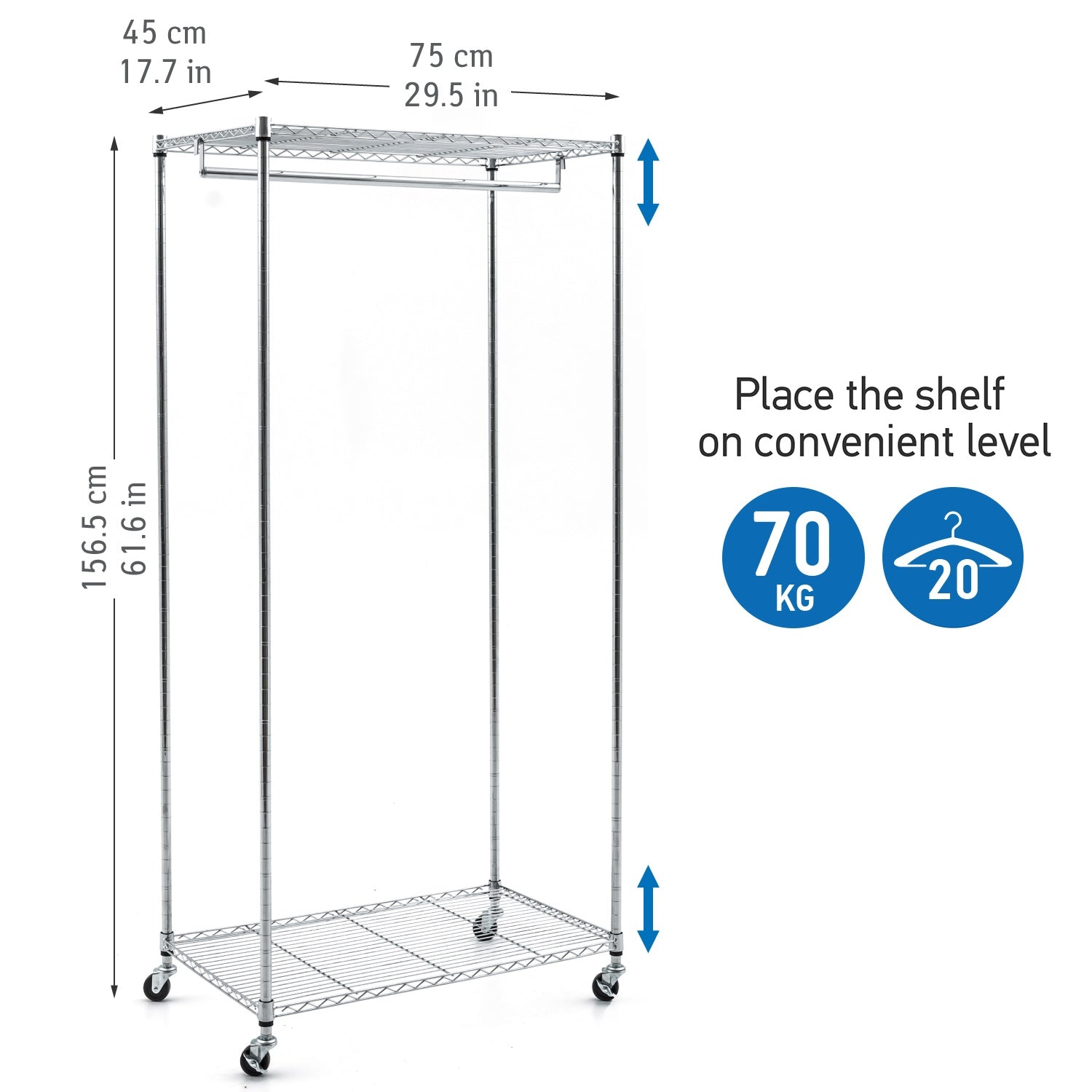 Wardrobe on Wheels, Heavy Duty Clothes Rail with 2 Shelves, art moon Buffalo, 1