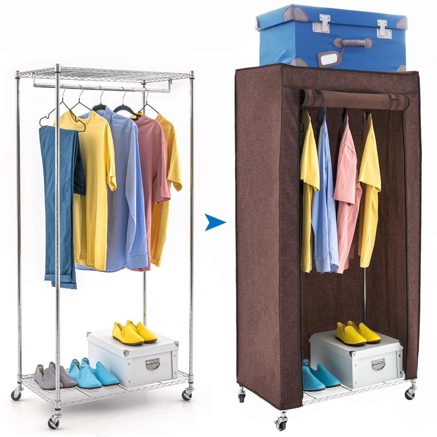 Wardrobe with Locking Wheels, Heavy Duty Clothes Rail with 2 Shelves and Fabric Cover 70kg Capacity, art moon Buffalo Brown