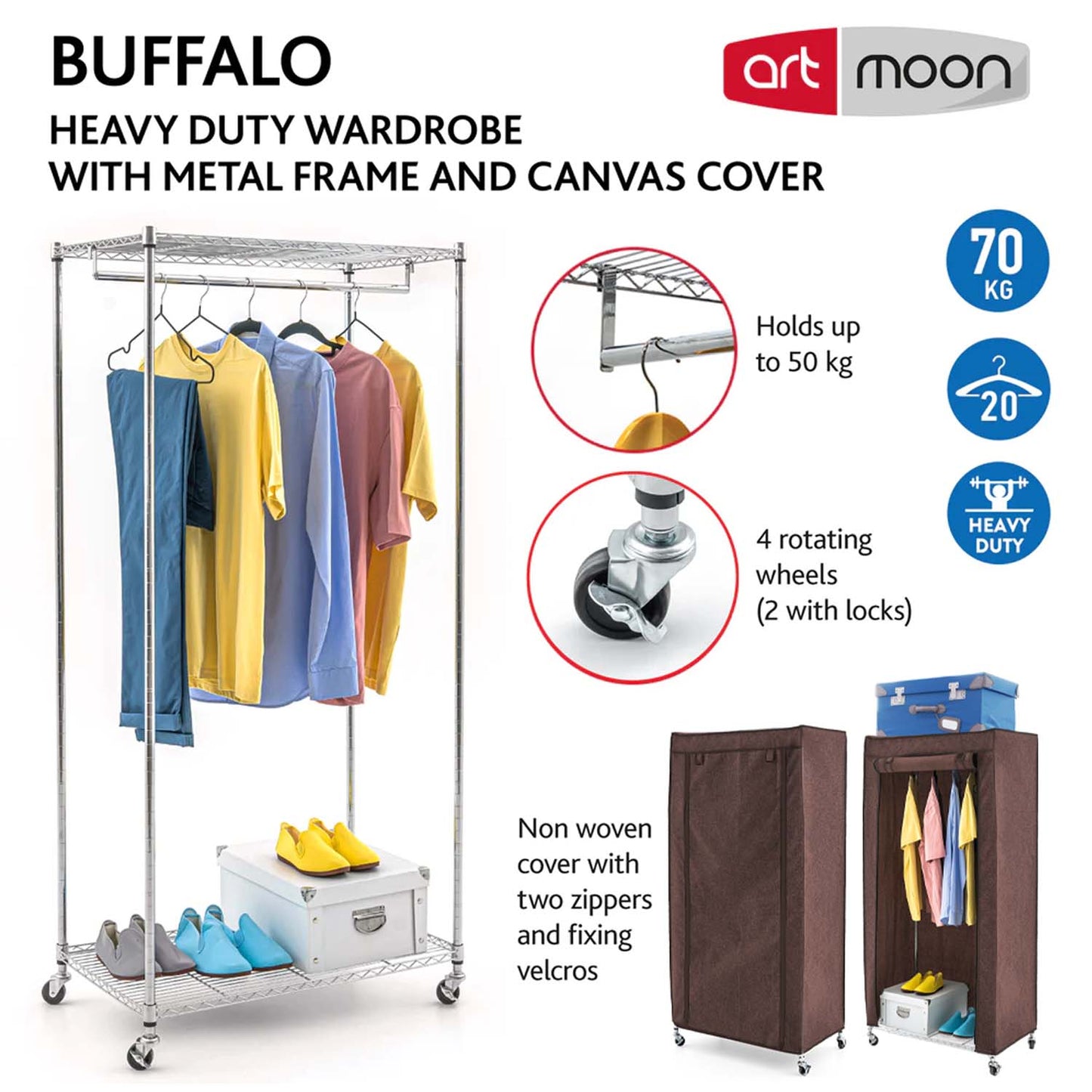 Wardrobe with Locking Wheels, Heavy Duty Clothes Rail with 2 Shelves and Fabric Cover 70kg Capacity, art moon Buffalo Brown, 1