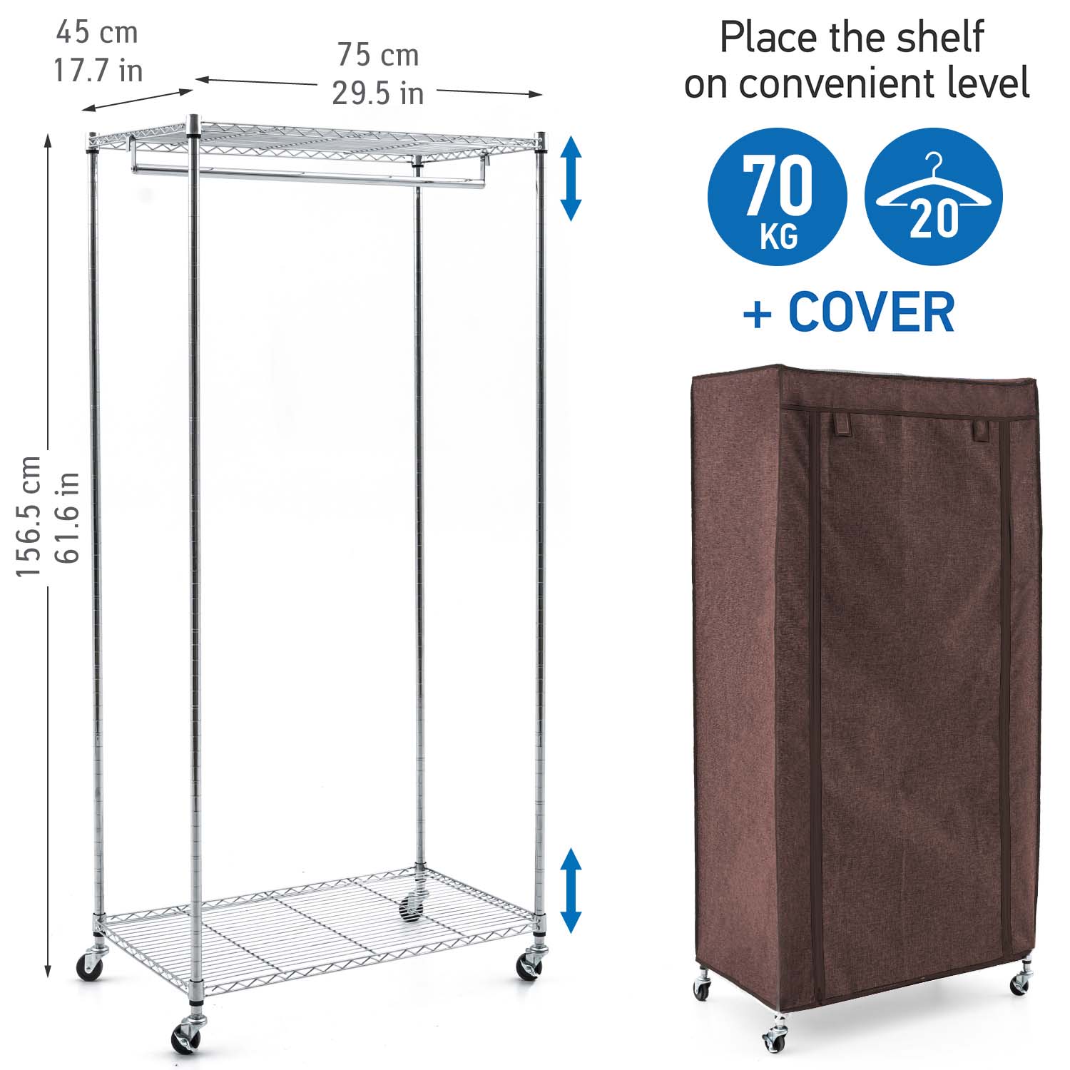 Wardrobe with Locking Wheels, Heavy Duty Clothes Rail with 2 Shelves and Fabric Cover 70kg Capacity, art moon Buffalo Brown, 5