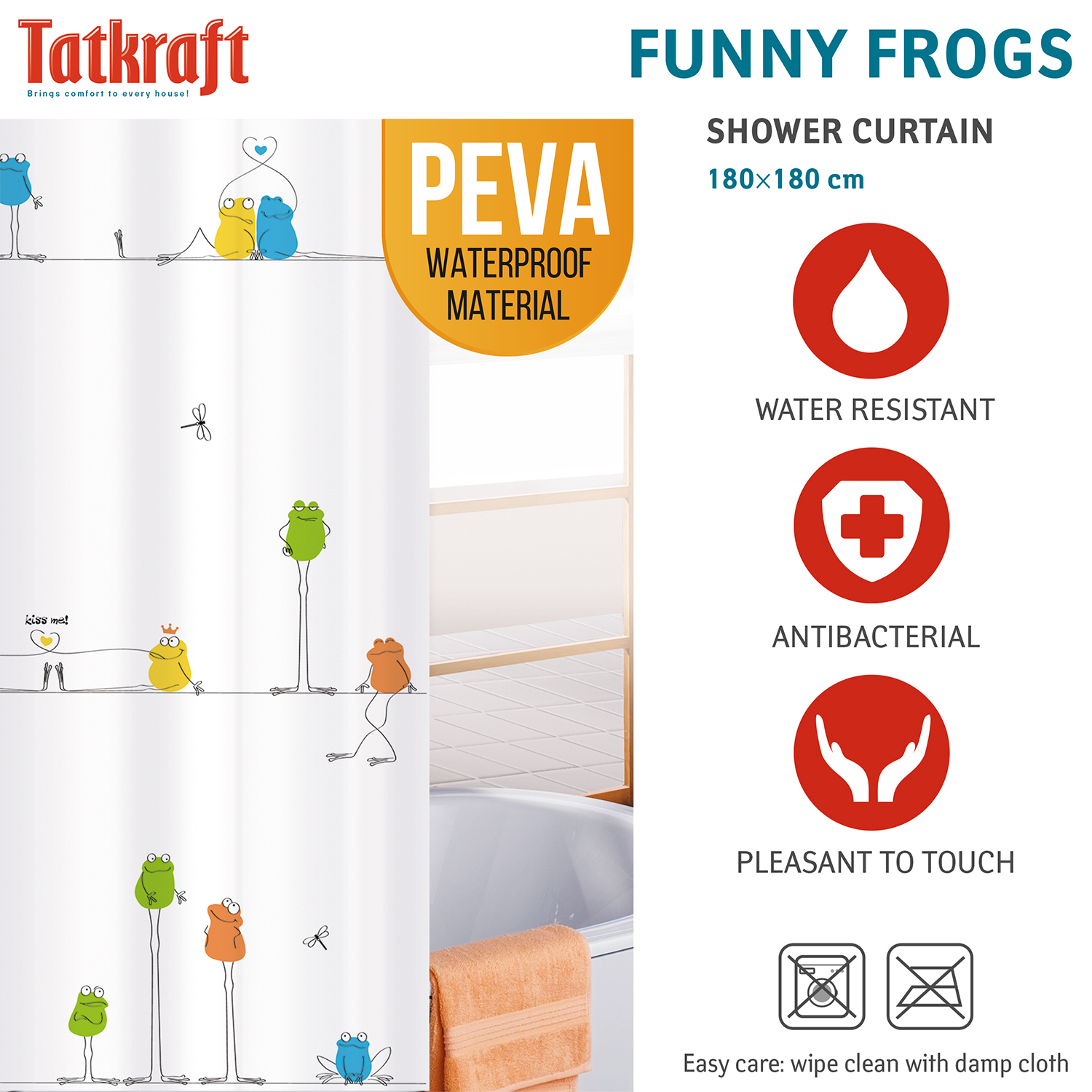 Tatkraft Funny Frogs Fabric Shower Curtain 180X180cm Waterproof Mildew Free w... 