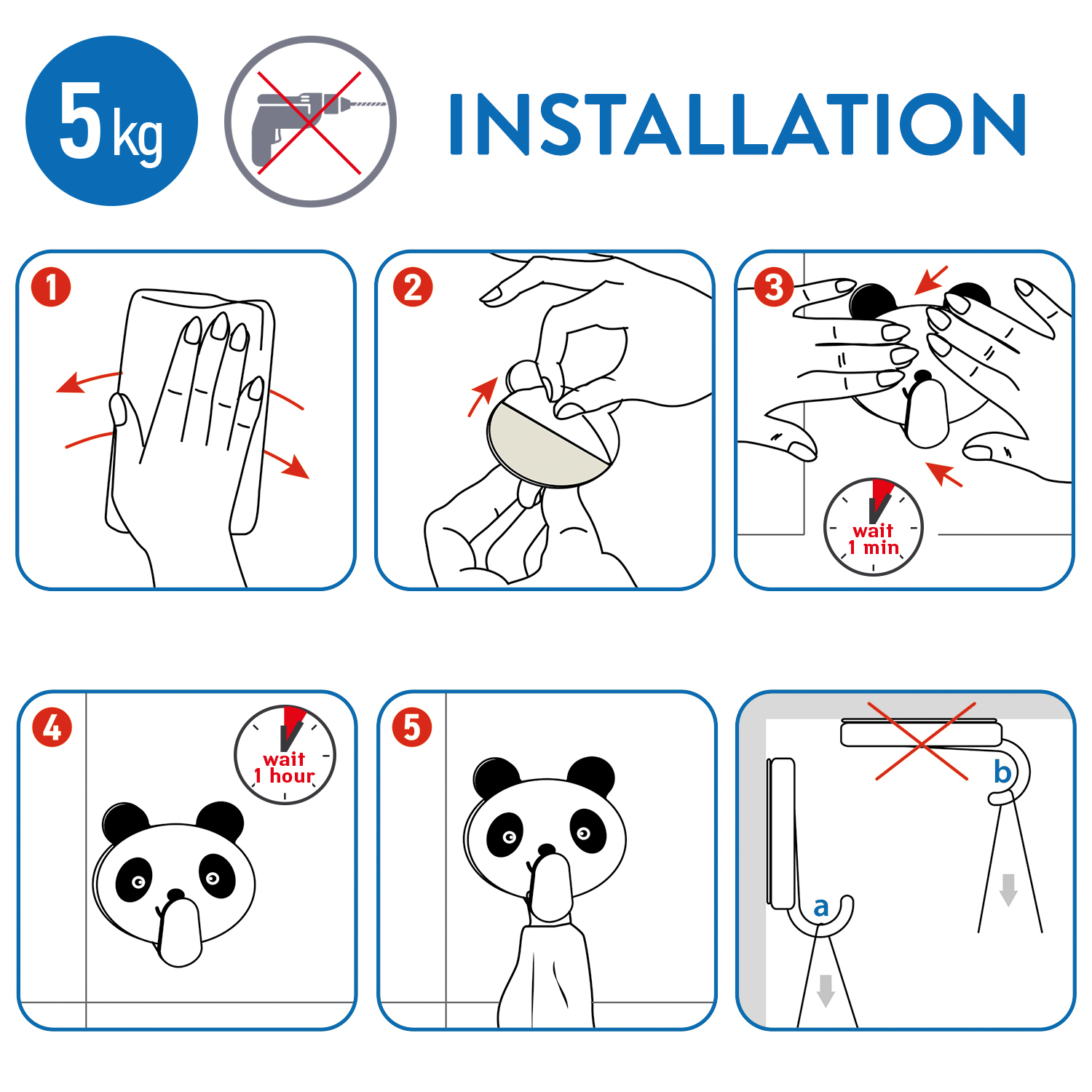 Tatkraft™ Panda 2 Adhesive Strong Stainless Wall Towel Hook No Drill 5x5.5cm 